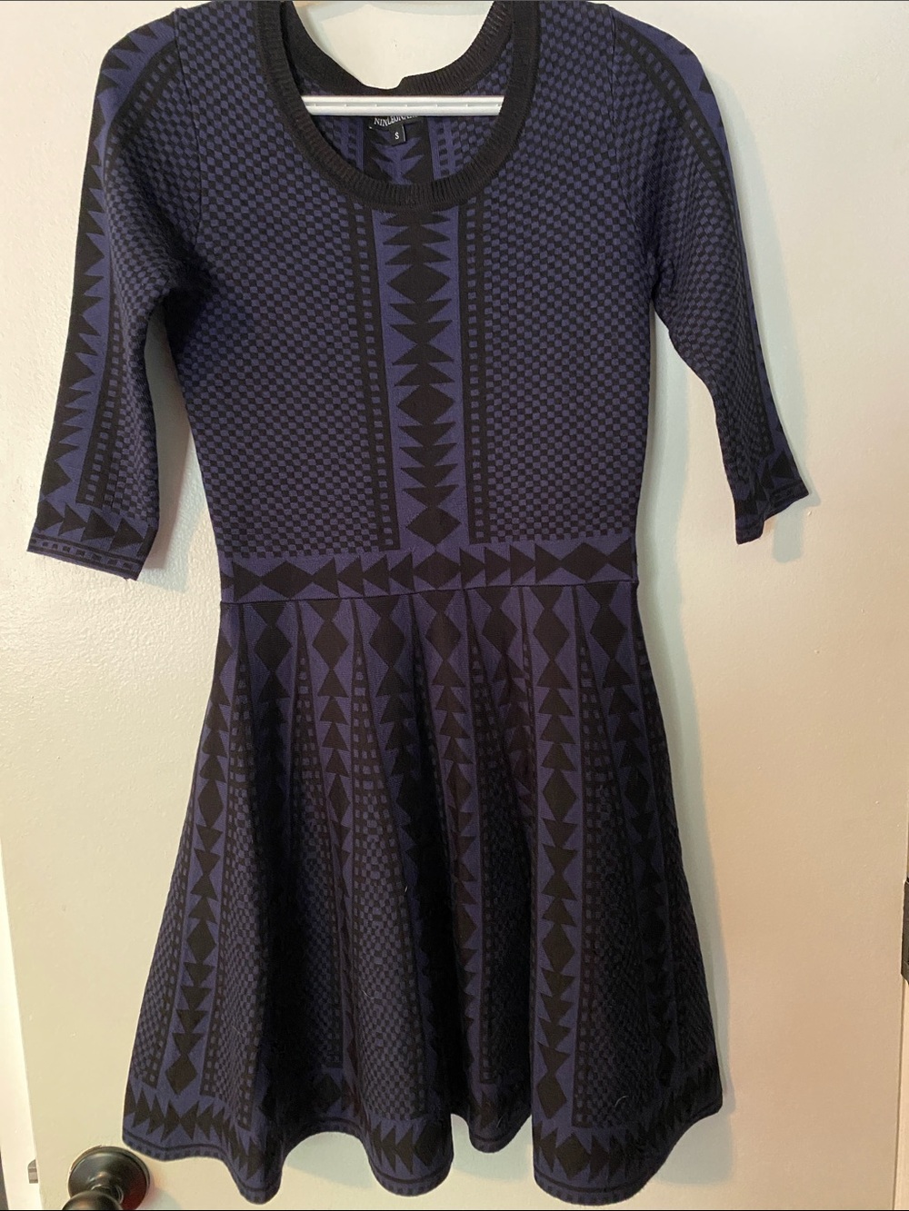 Geometric Pattern Fit & Flare Dress in Navy and Black